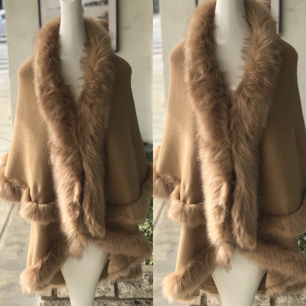 Luxurious Camel Faux Fur Double Layer Cape Coat